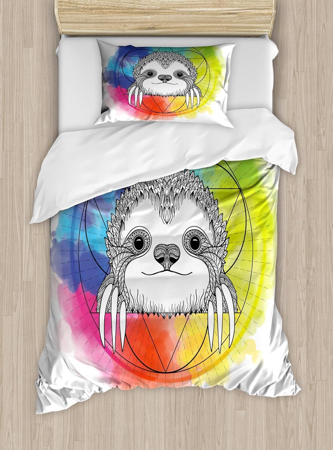 Rainbow Cartoon Sloth Twin Duvet Cover Set