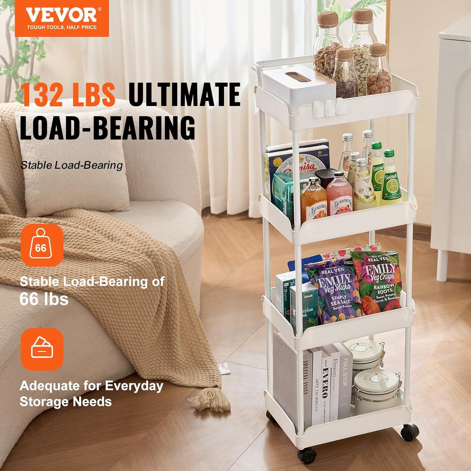 Leadrop 4-Tier Rolling Utility Cart with Drawer Multifunctional Storage Organizer with Polypropylene Wheels Rolling Storage Cart for Kitchen, Living Room, Office (White)