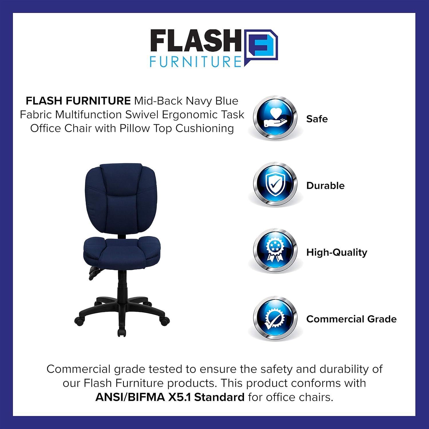 BizChair Mid-Back Navy Blue Fabric Multifunction Swivel Ergonomic Task Office Chair with Pillow Top Cushioning