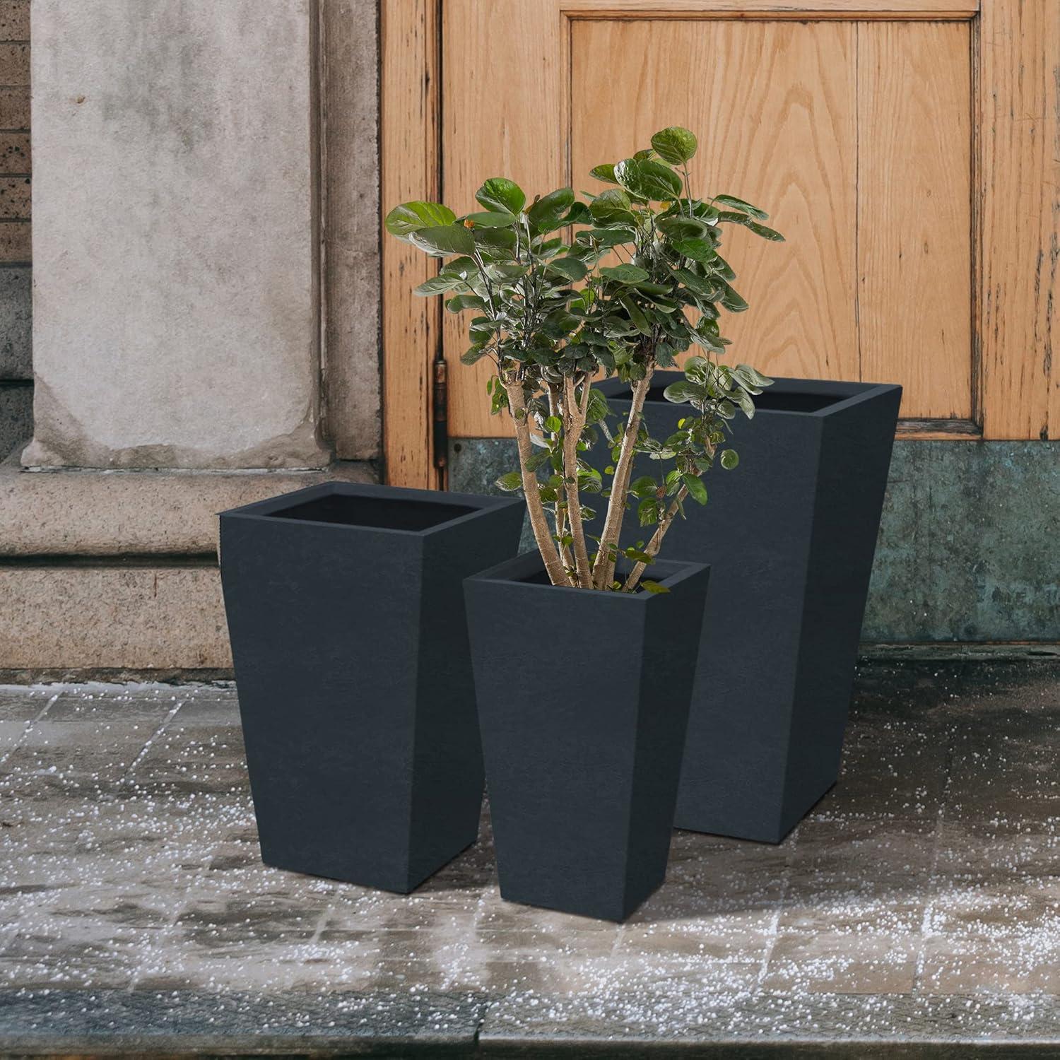 Charcoal Finish Tall Concrete Planter Set with Drainage Holes