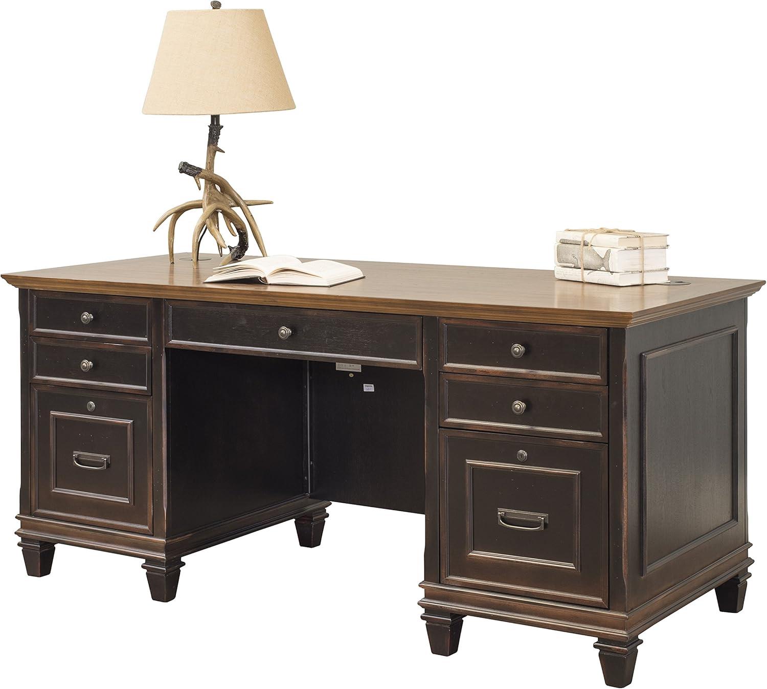 Hartford Executive Home Office Desk with Hutch, Black and Brown