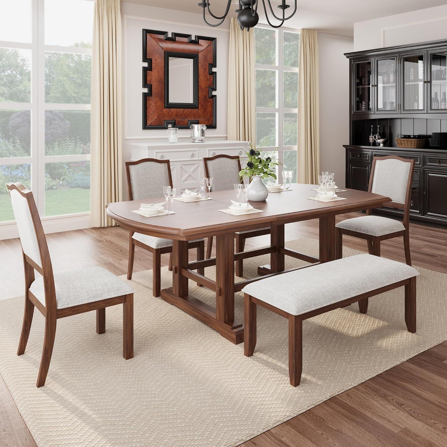 Cherry Wood Extendable Dining Table Set with Linen Upholstered Chairs and Bench