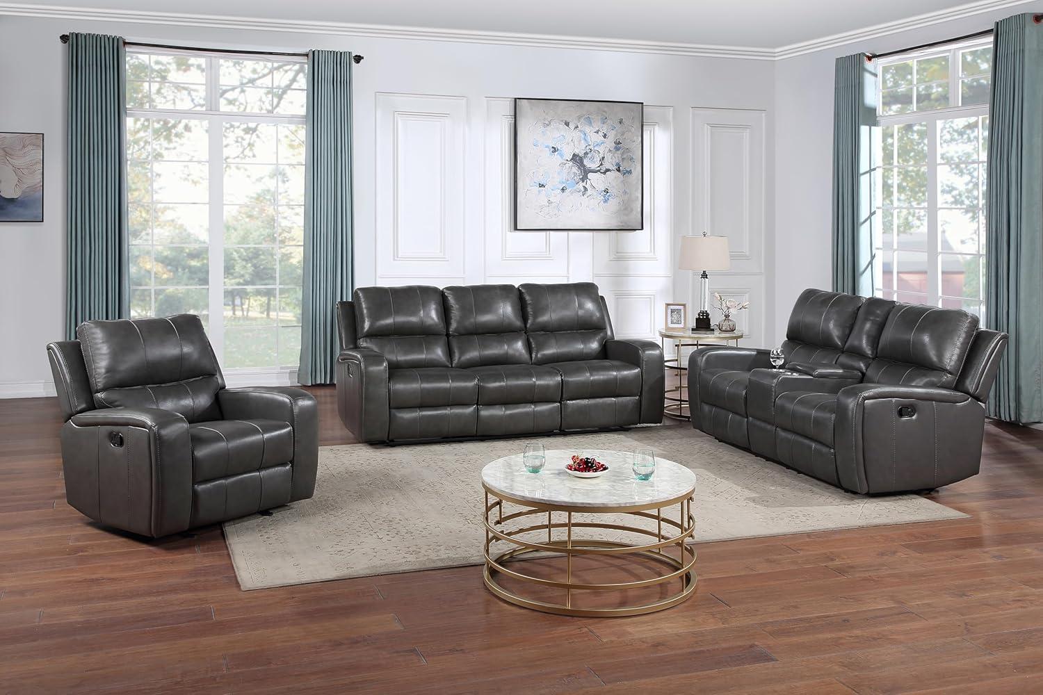 Dark Gray Leather Reclining Sofa with Track Arms