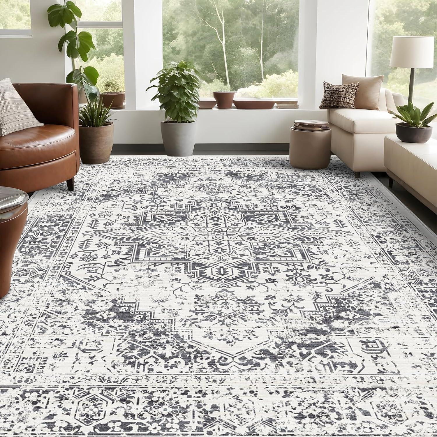 10x14 Large Area Rug - Vintage Washable Rug for Living Room with Non-Slip Low-Pile Traditional Medallion Border Rugs with Stain Resistant Foldable Retro Accent Indoor Thin Carpet