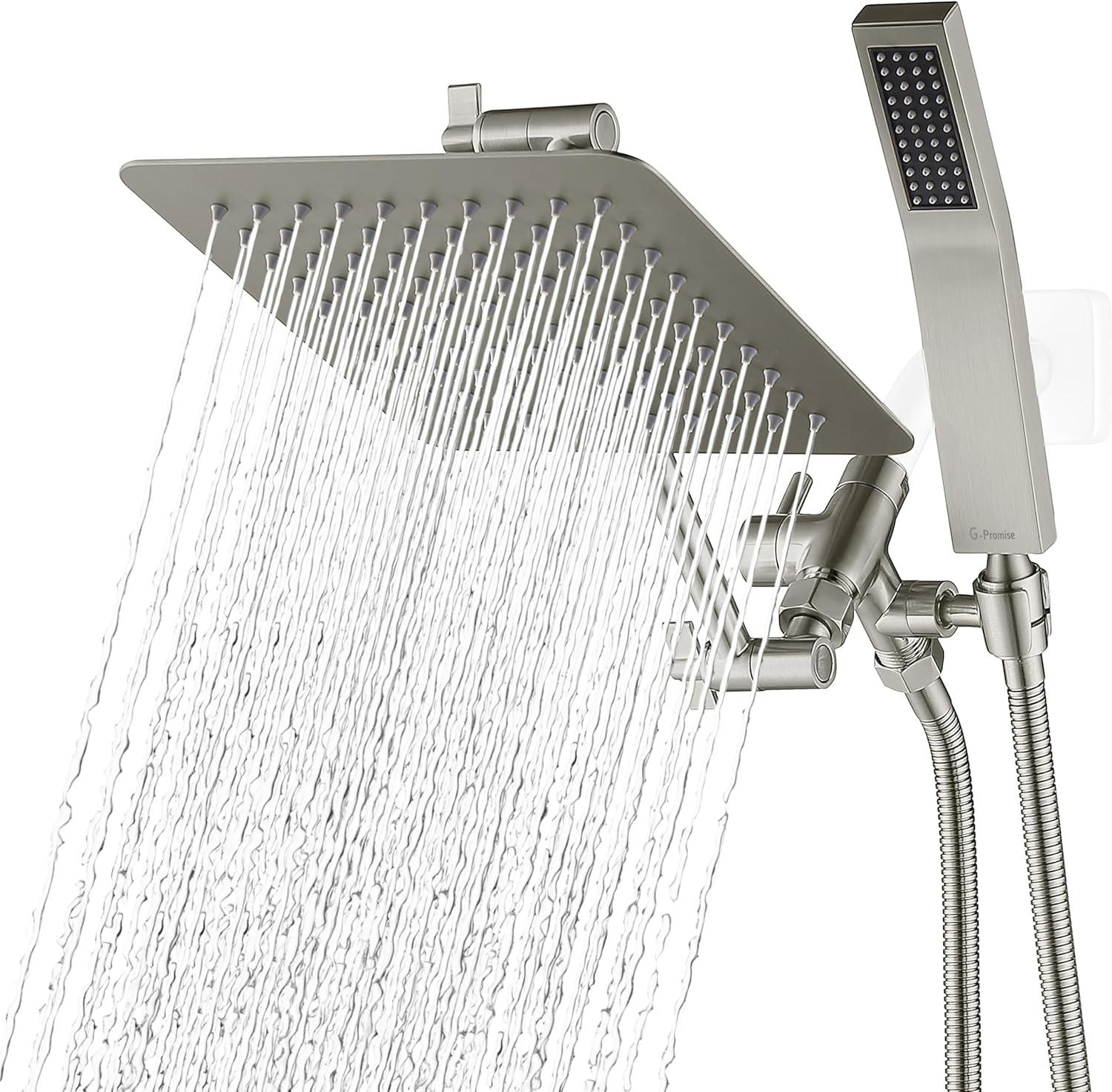 Brushed Nickel Dual Square Rain Shower Head with Handheld Wand