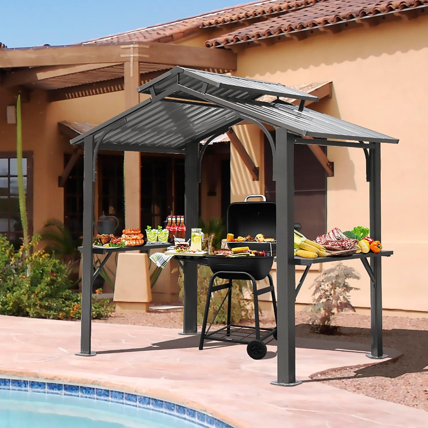 Domi 8x5FT Gray Steel Hardtop Grill Gazebo with Shelves