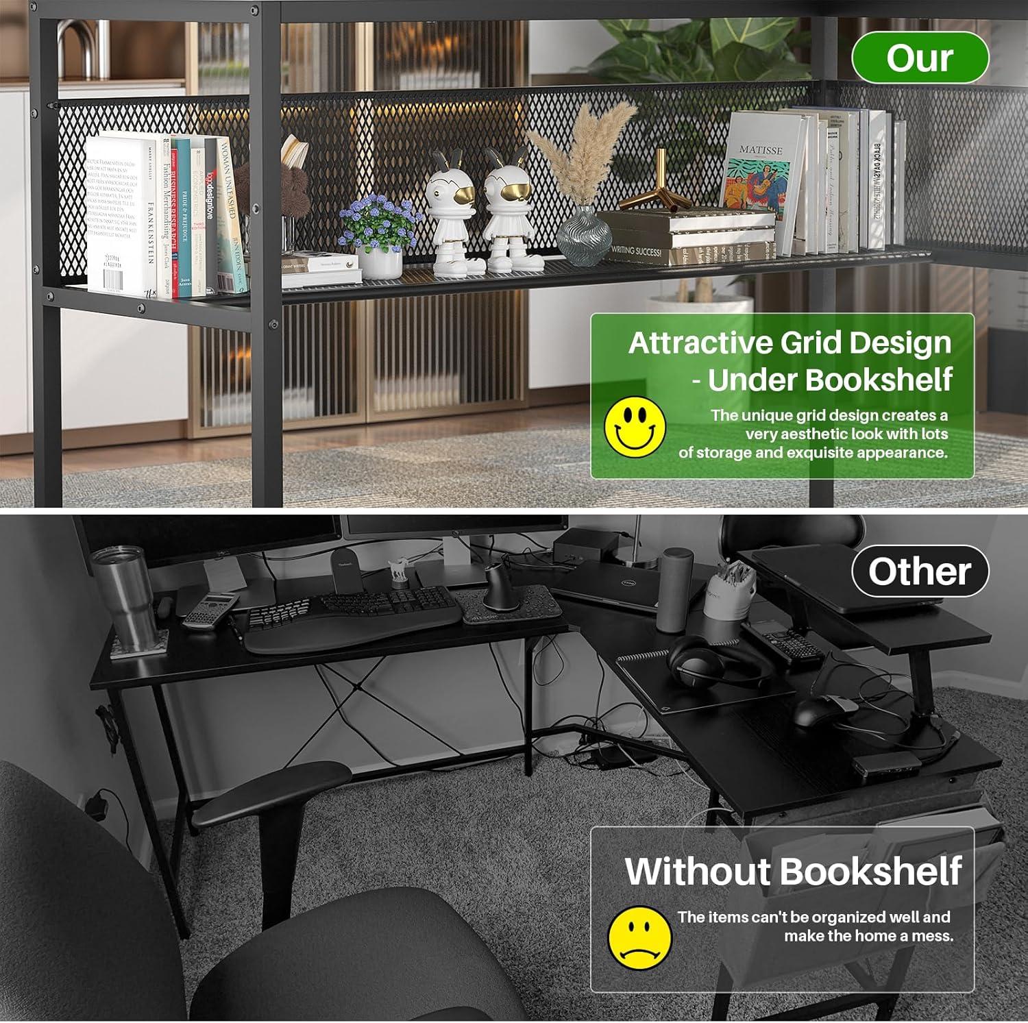 Unikito Reversible L Shaped Desk with Power Outlets and RGB LED Light, Sturdy Computer Desk with Ergonomic Monitor Stand and Storage Shelves, Corner Desk for Home Office, Easy Assembly, Black Oak