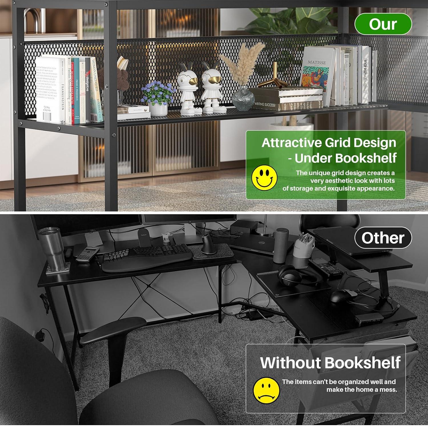 Unikito Reversible L Shaped Desk with Power Outlets and RGB LED Light, Sturdy Computer Desk with Ergonomic Monitor Stand and Storage Shelves, Corner Desk for Home Office, Easy Assembly, Black Oak