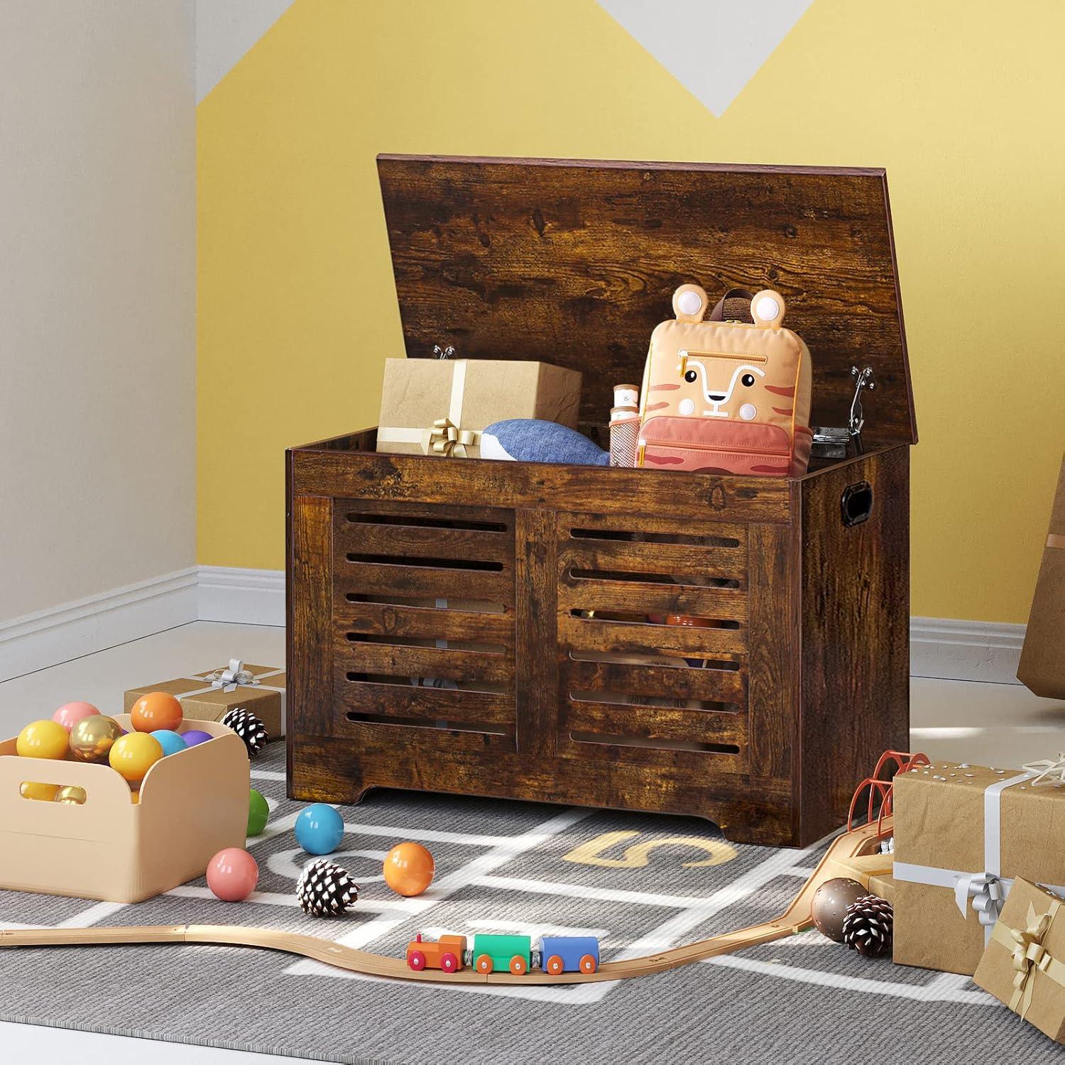 Rustic Brown Wooden Flip-Top Storage Chest with Safety Hinges