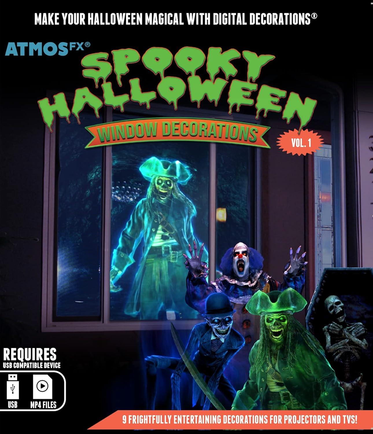 Spooky Halloween Digital Decoration Kit Includes 9 AtmosFX Video Effects for Halloween Plus HD Super Bright Projector and 48” x 72” Holographic Projection Screen