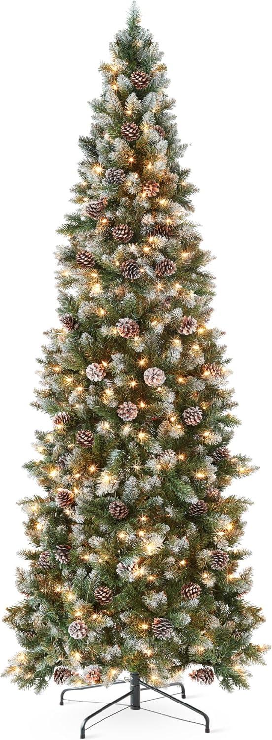 Best Choice Products Pre-Lit Partially Flocked Pencil Christmas Tree w/ Pine Cones, Foldable Stand