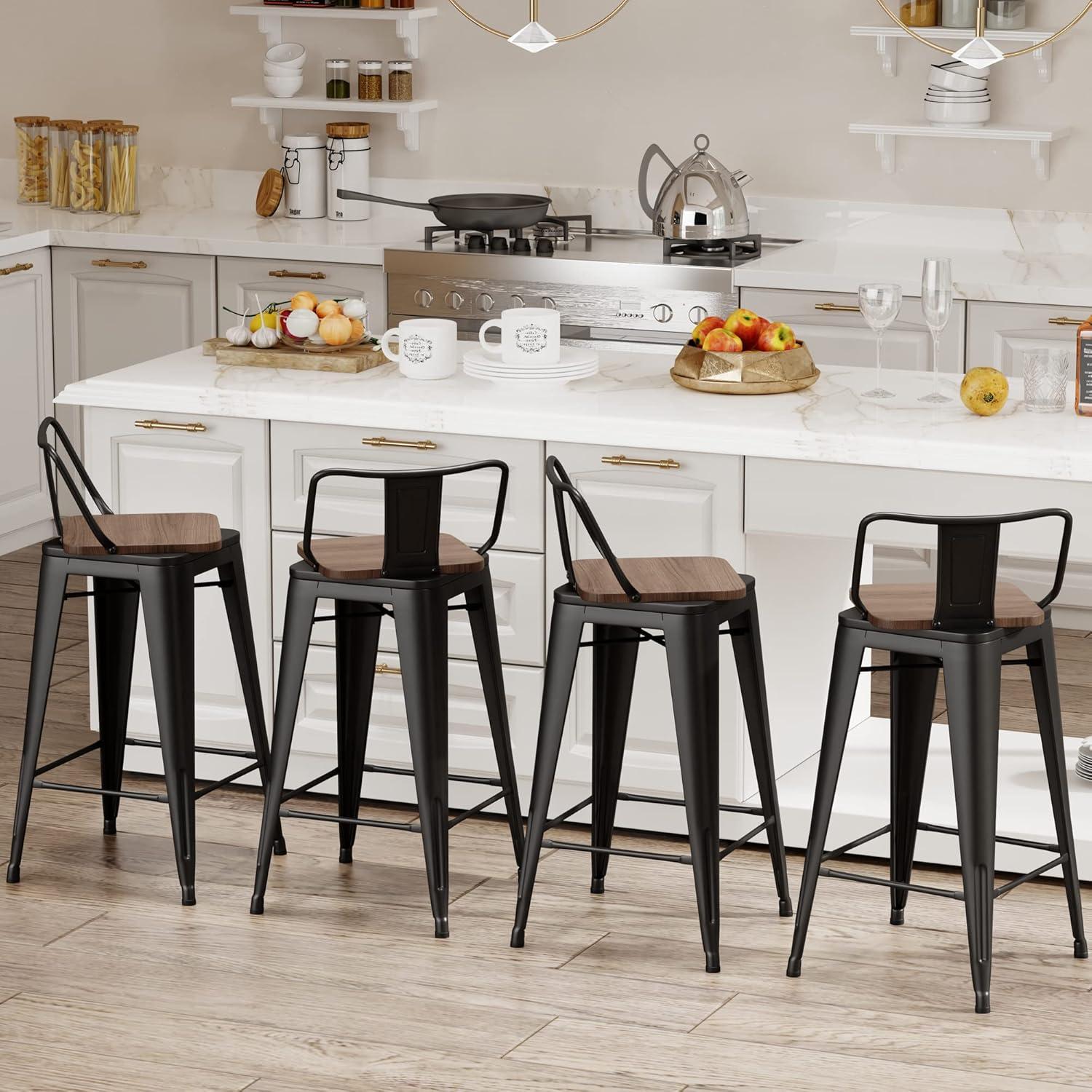 24-Inch Matte Black Wood and Metal Swivel Bar Stools, Set of 4