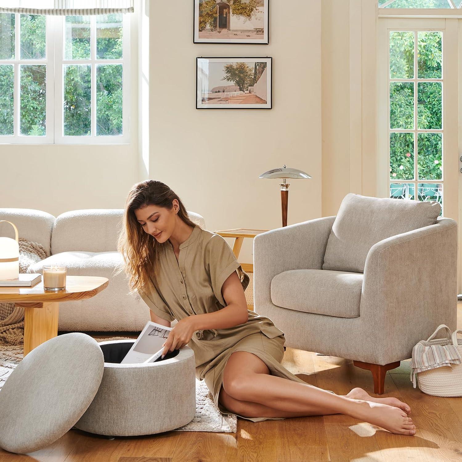 COLAMY Sherpa Accent Chair with Storage Ottoman, Modern Upholstered Living Room Chair with Foot Rest, Armchair with Back Pillow and Wooden Legs for Living Room, Bedroom, Reading Nook, Classic Cream