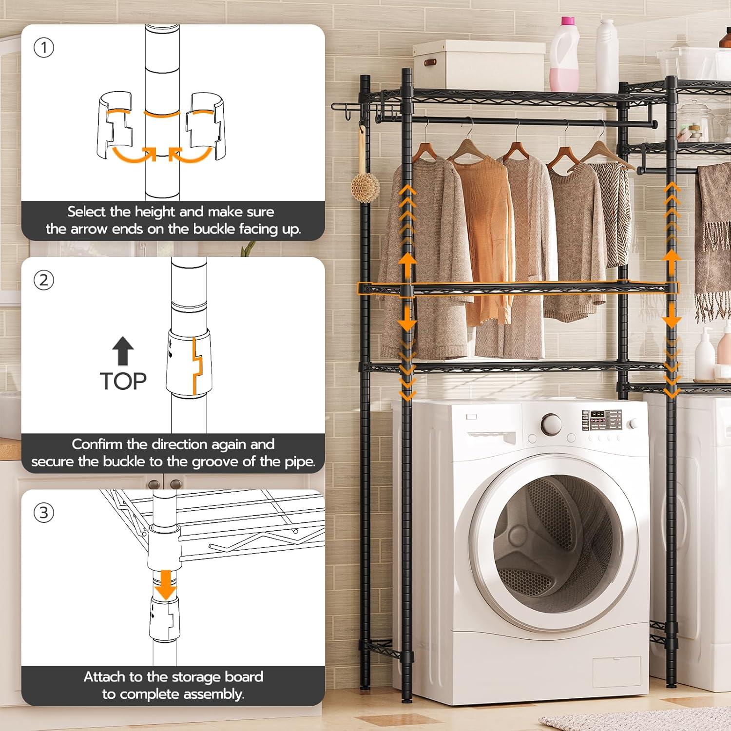 Kselythan Over Washer and Dryer Shelves,57.4" W Heavy Duty Laundry Room Storage Organization Clothes Drying Rack,Height Adjustable Towel Racks with Hamper and Hooks,Space Saving Shelf
