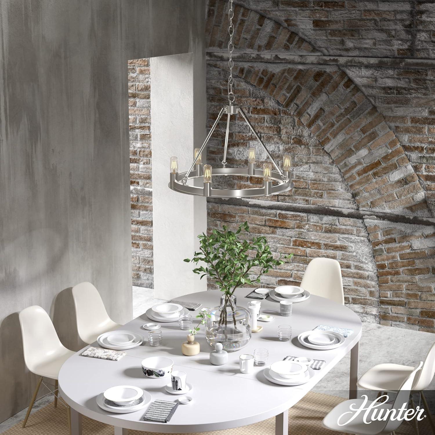 Hunter - Saddlewood 6-light Brushed Nickel, Large Chandelier, Dimmable, Casual Style, Wagon Wheel Shaped, for Bedrooms, Kitchens, Dining, Living Rooms - 19034