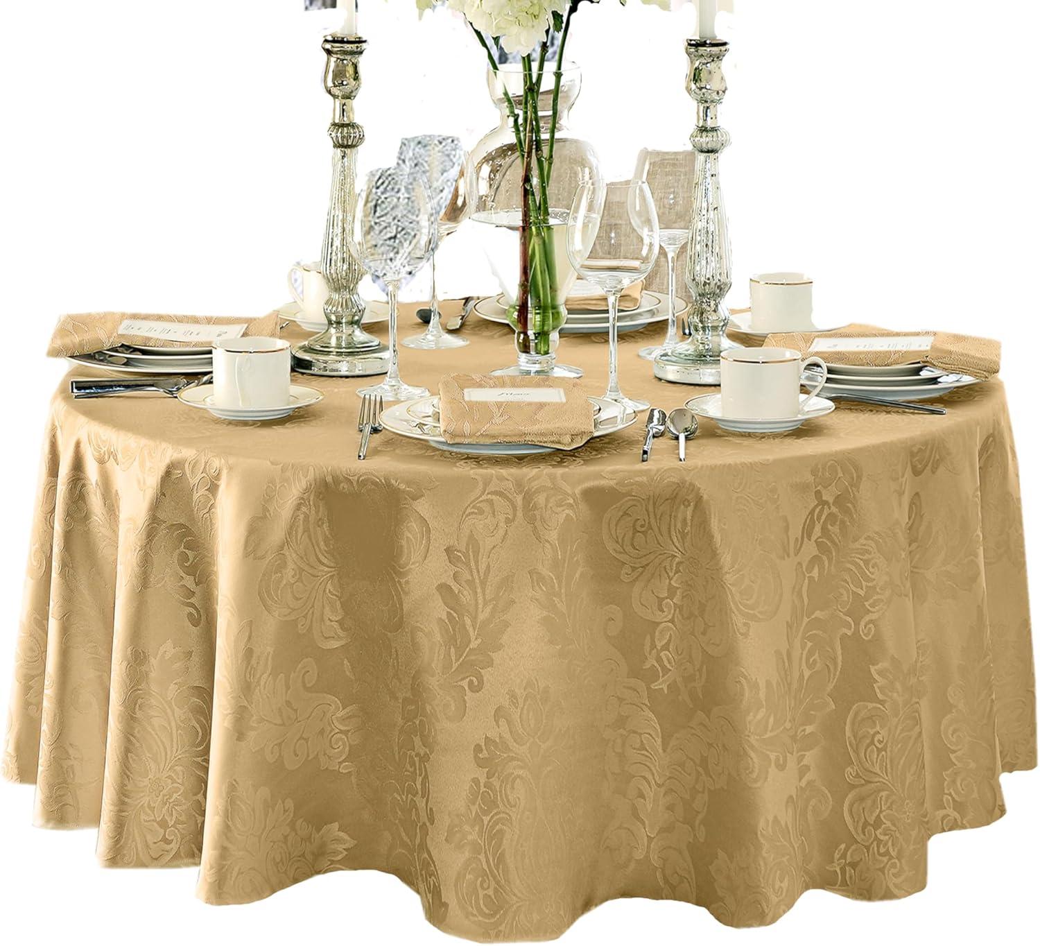Barcelona Jacquard Damask Stain Resistant Tablecloth - 60" x 84" Oval - Gold - Elrene Home Fashions
