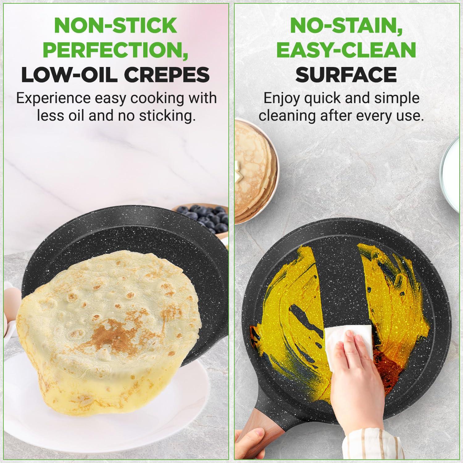NutriChef Nutrichef 9.45” Non-Stick Crepe Pan With Wooden Spreader, Durable Marble Coated Dosa Pan, Bakelite Handle And Induction Bottom, Pfoa/Pfos Free, Dishwasher Safe, Even Heat Distribution
