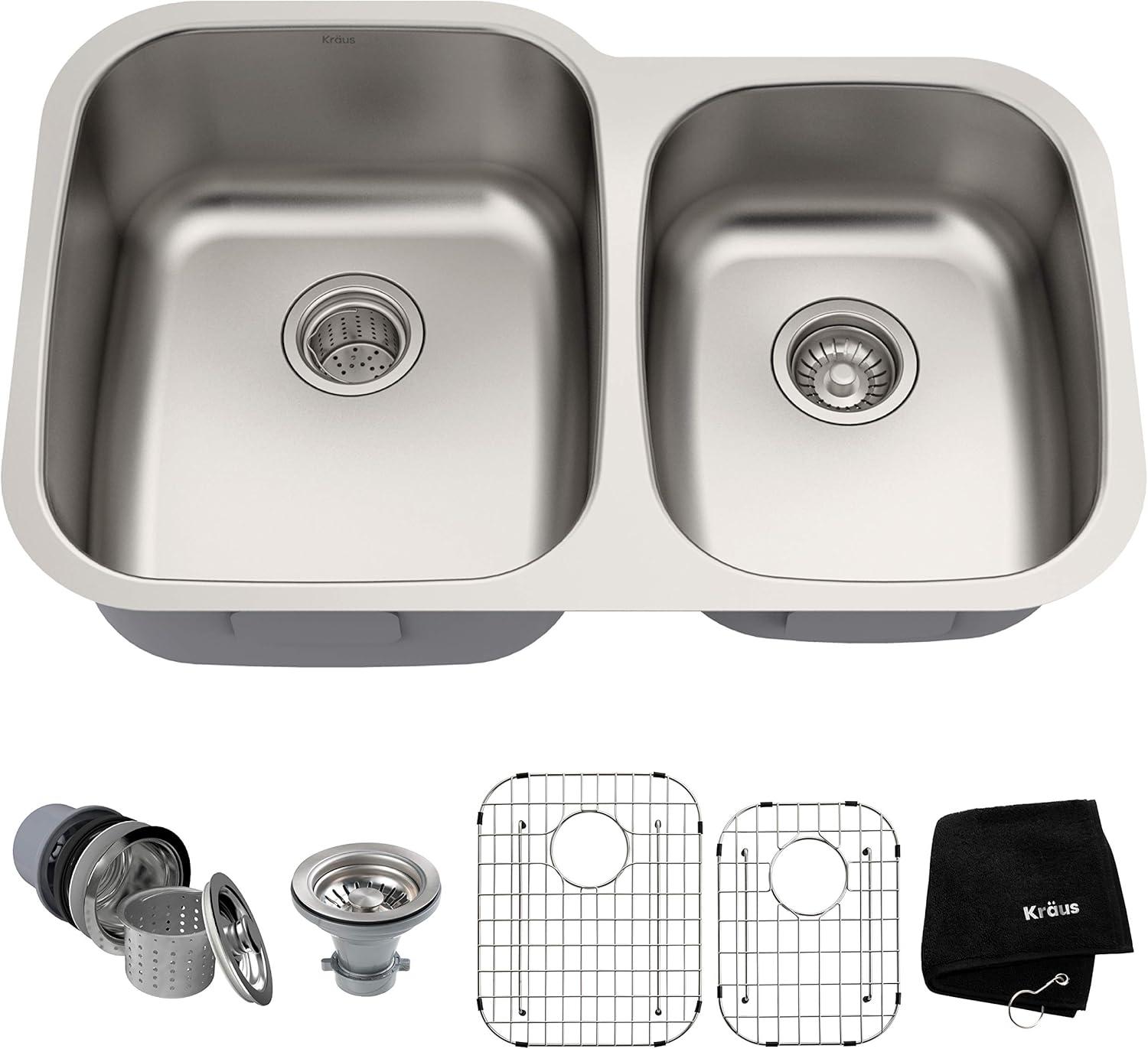 KRAUS Premier 32-inch L 16 Gauge Undermount 60/40 Double Bowl Stainless Steel Kitchen Sink