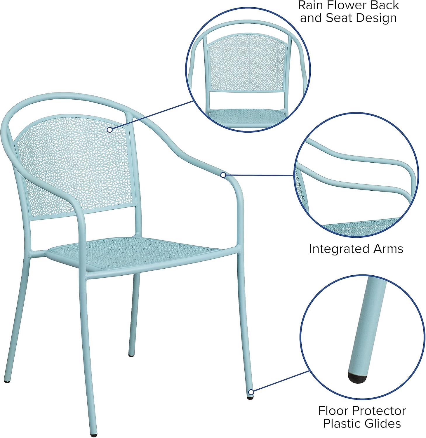 Sky Blue Metal Rain Flower Design Outdoor Dining Chair