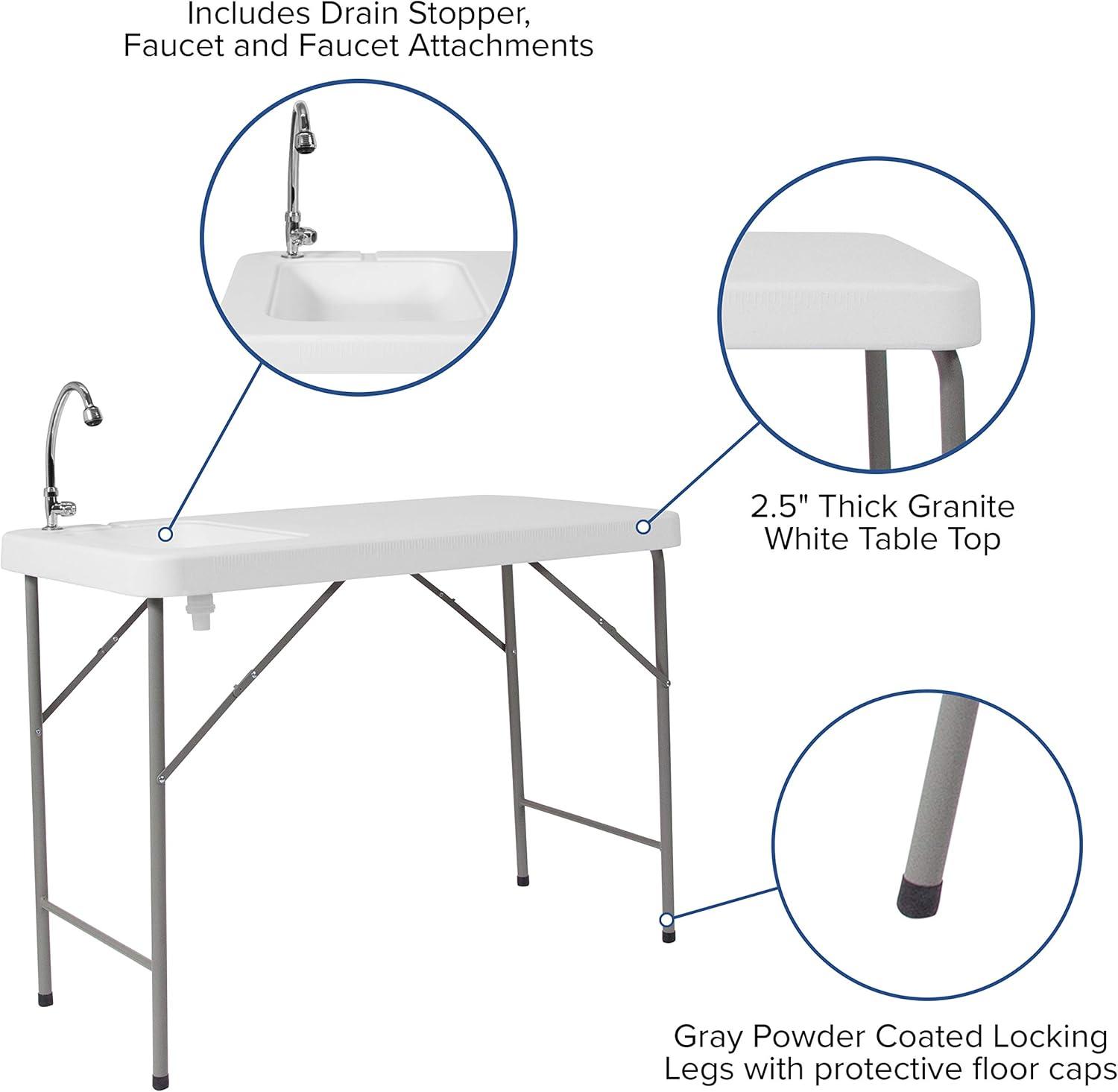 Flash Furniture Wesley 4' Portable Fish Cleaning Table/Folding Camping Table with Sink, White