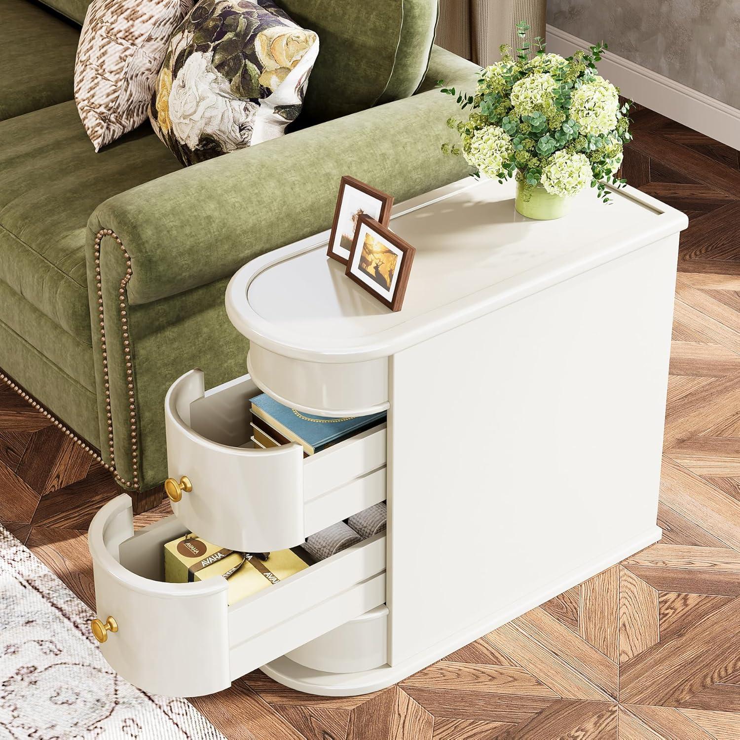 Hommoo Wood Narrow Nightstand with 2 Drawers Off-White