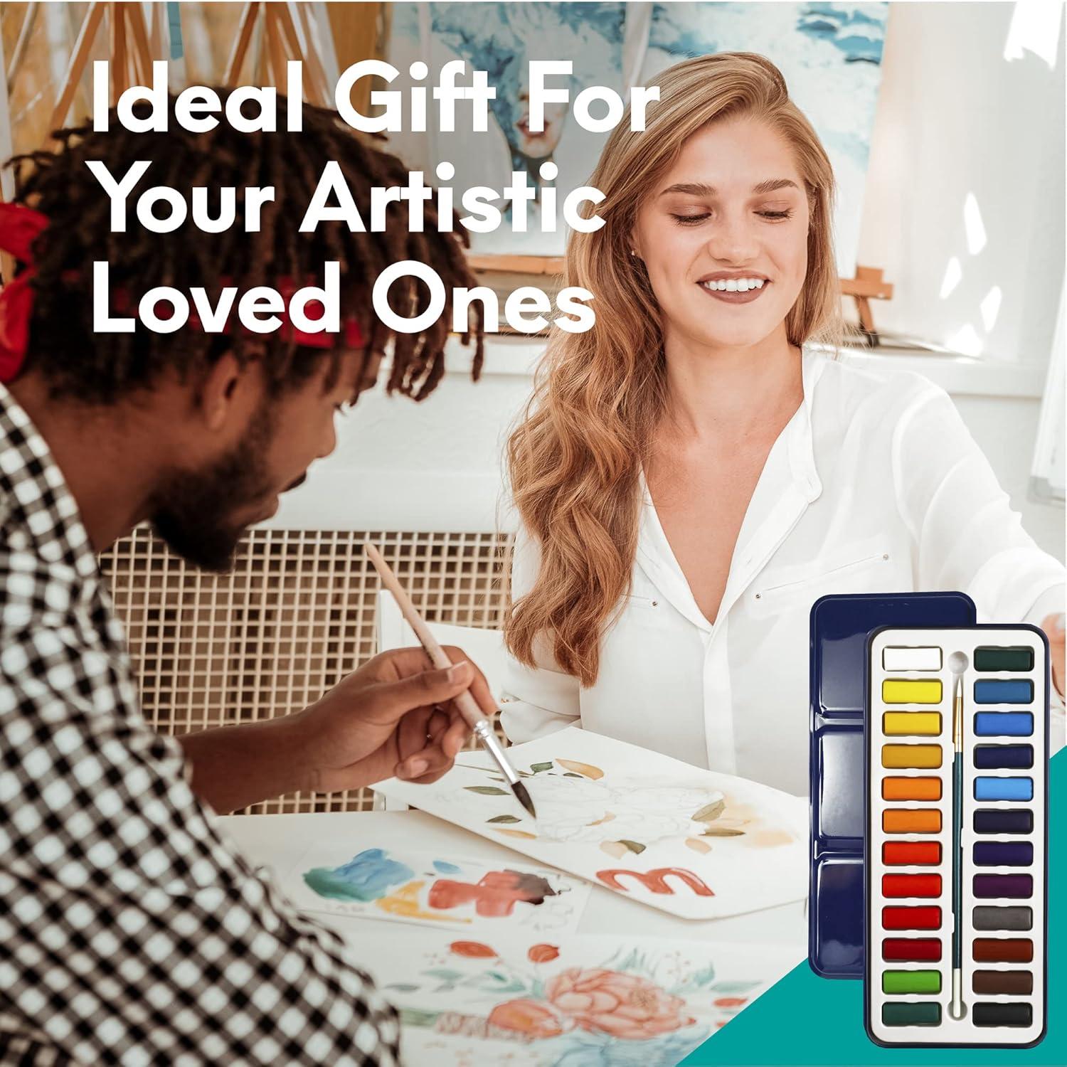 MozArt Essential Watercolor Paint Set, 24 Colors and Brush