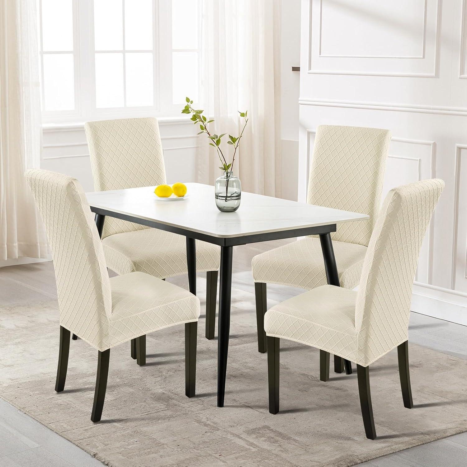 Beige Stretch Jacquard Dining Chair Covers, Set of 4