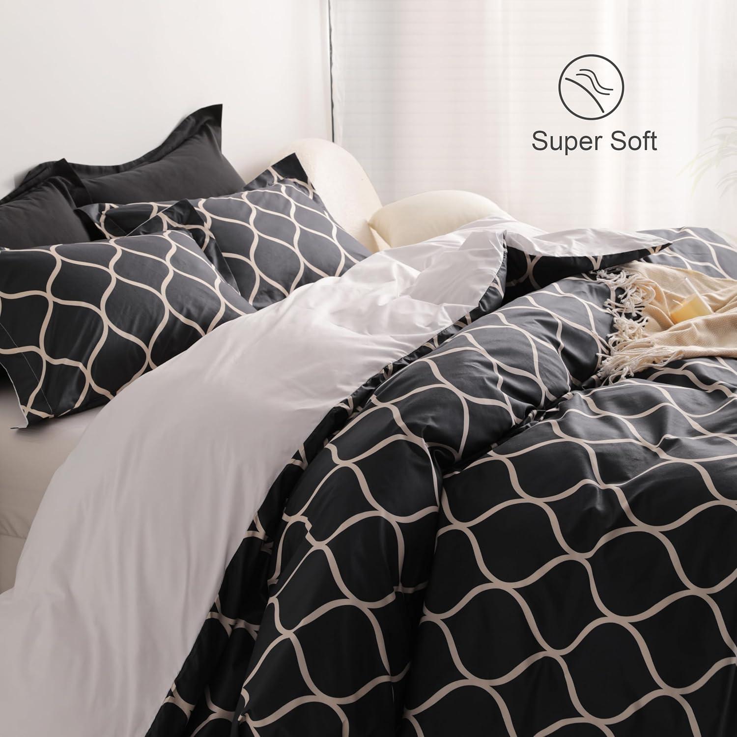 Ntbay 2-Pieces Microfiber Ultra Soft Curve Print Duvet Cover Set with Zipper Closure and Corner Ties, Black and Off White, Twin