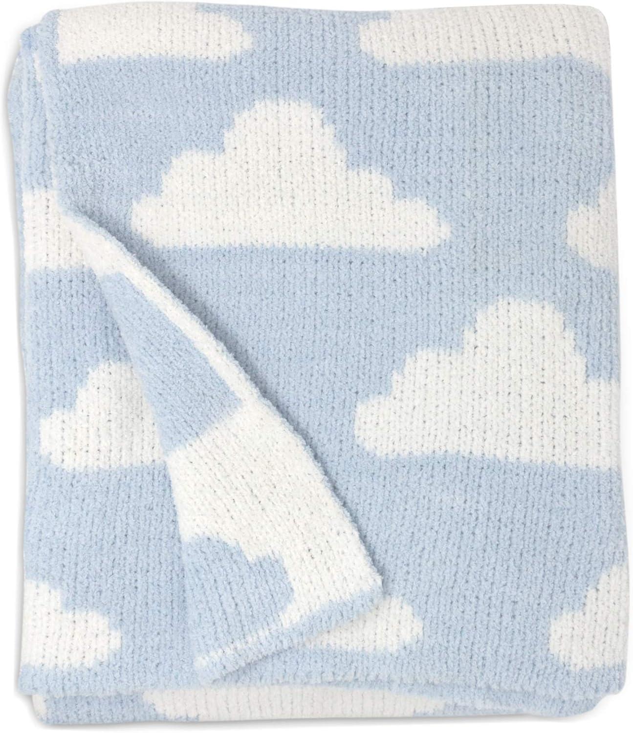 Blue and White Knitted Chenille Baby Blanket