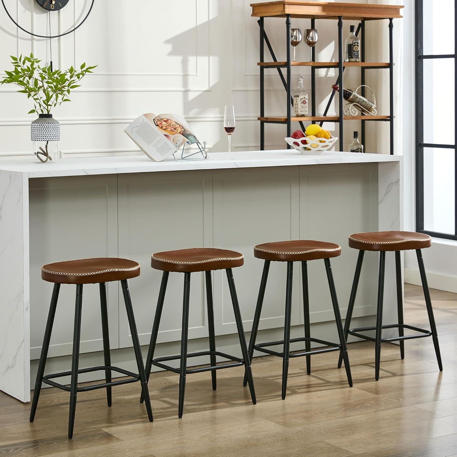 Adjustable Brown Faux Leather Saddle Bar Stools with Metal Legs