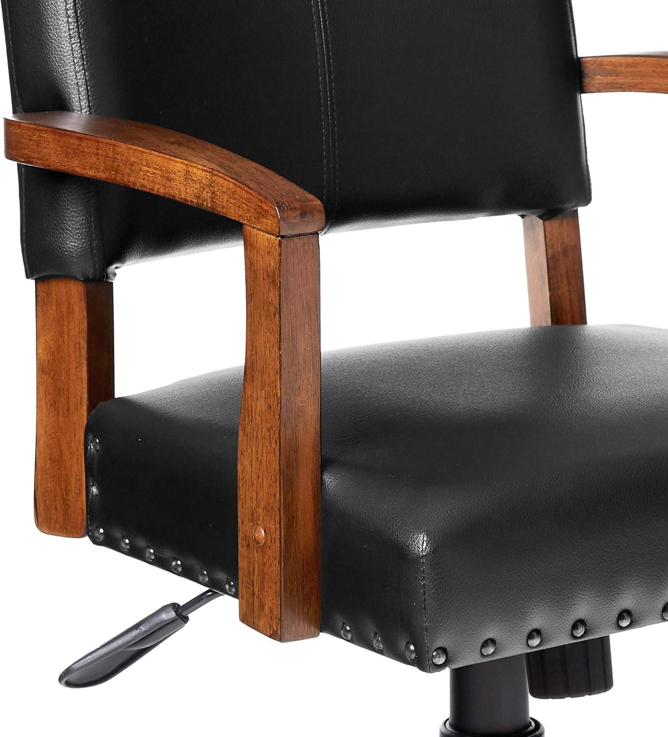 Deluxe Black Leather Swivel Banker Chair with Wood Accents