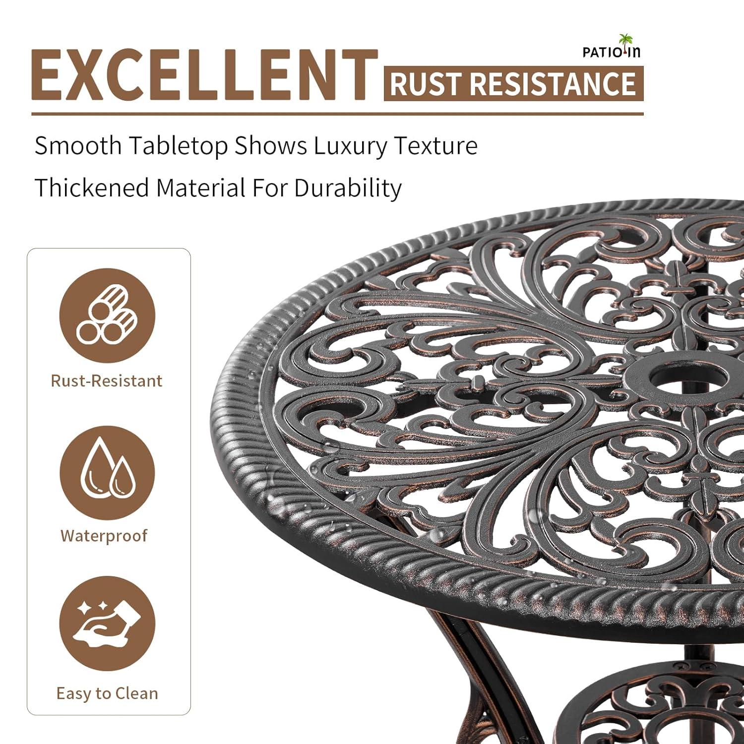 PATIO-IN 3 Piece Bistro Set Cast Aluminum Bistro Table and Chairs Set of 2 with Umbrella Hole,Patio Furniture Sets for Front Porch,Garden