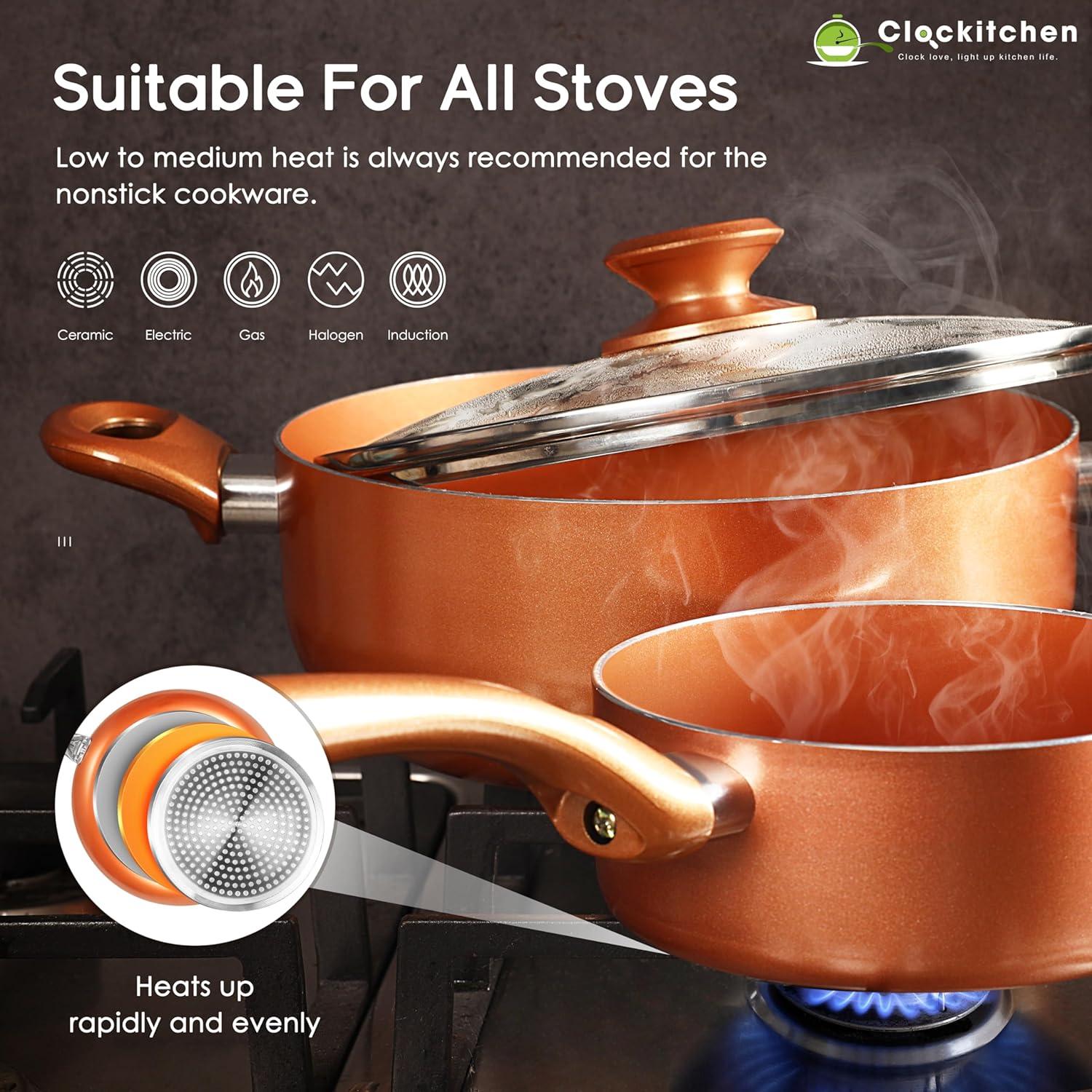 Copper Nonstick Aluminum 6-Piece Cookware Set with Glass Lids