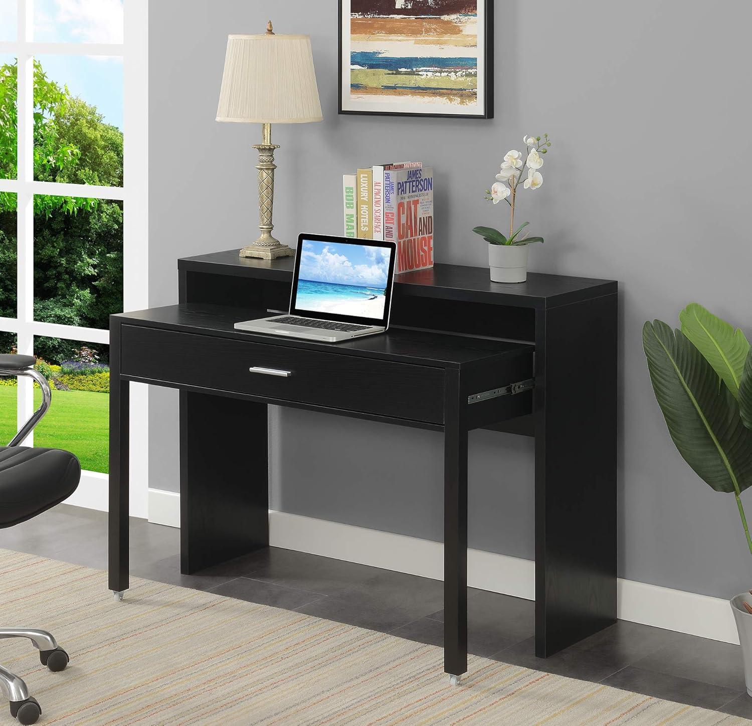 Modern Black Expandable Console/Desk with Sliding Drawer and Riser