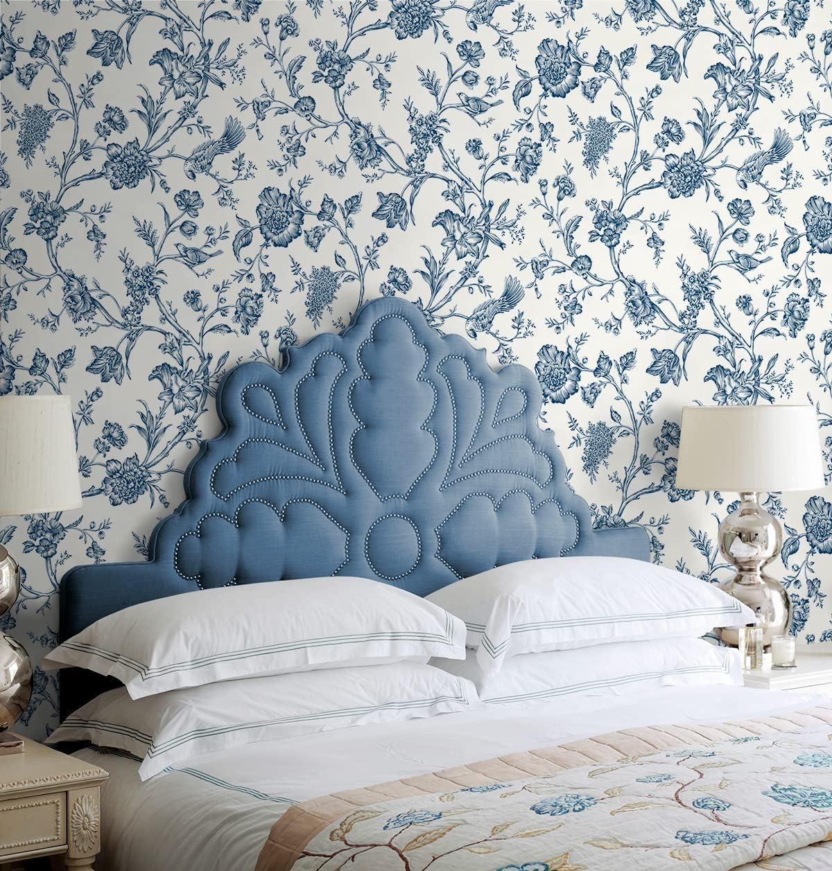 NextWall Navy Blue Jasmine Chinoiserie Peel and Stick Wallpaper