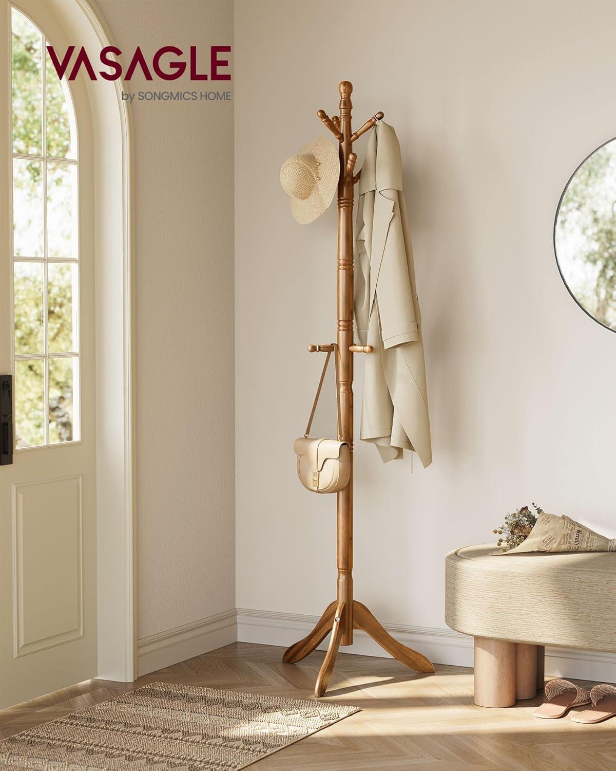 Solid Wood Coat Rack - Free Standing Hall Tree with 10 Hooks, Rubberwood, Dark Walnut