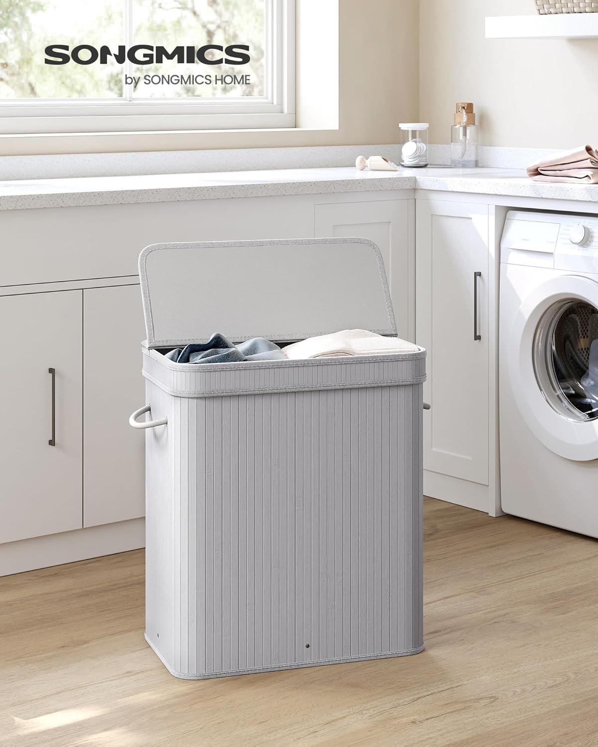 100L Laundry Hamper with Lid Bamboo Laundry Basket with Liner Bag Foldable Storage Hamper with Handles Gray