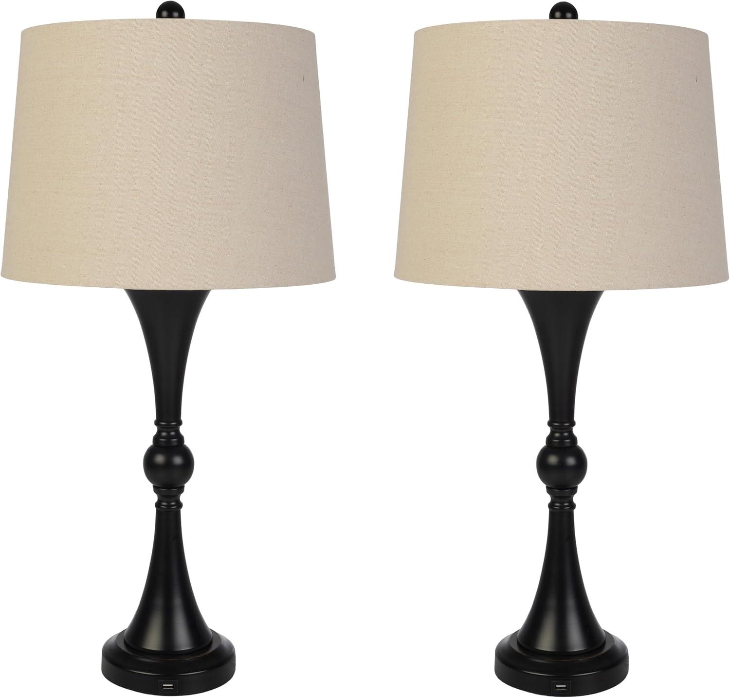 Lavish Home Set of 2 Table Lamps with USB Charging Ports (Black)