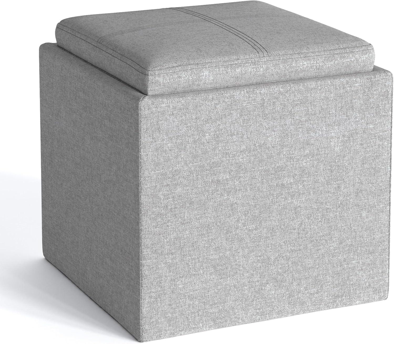 Simpli Home Rockwood Cube Storage Ottoman With Tray In Cloud Grey Linen Look Fabric