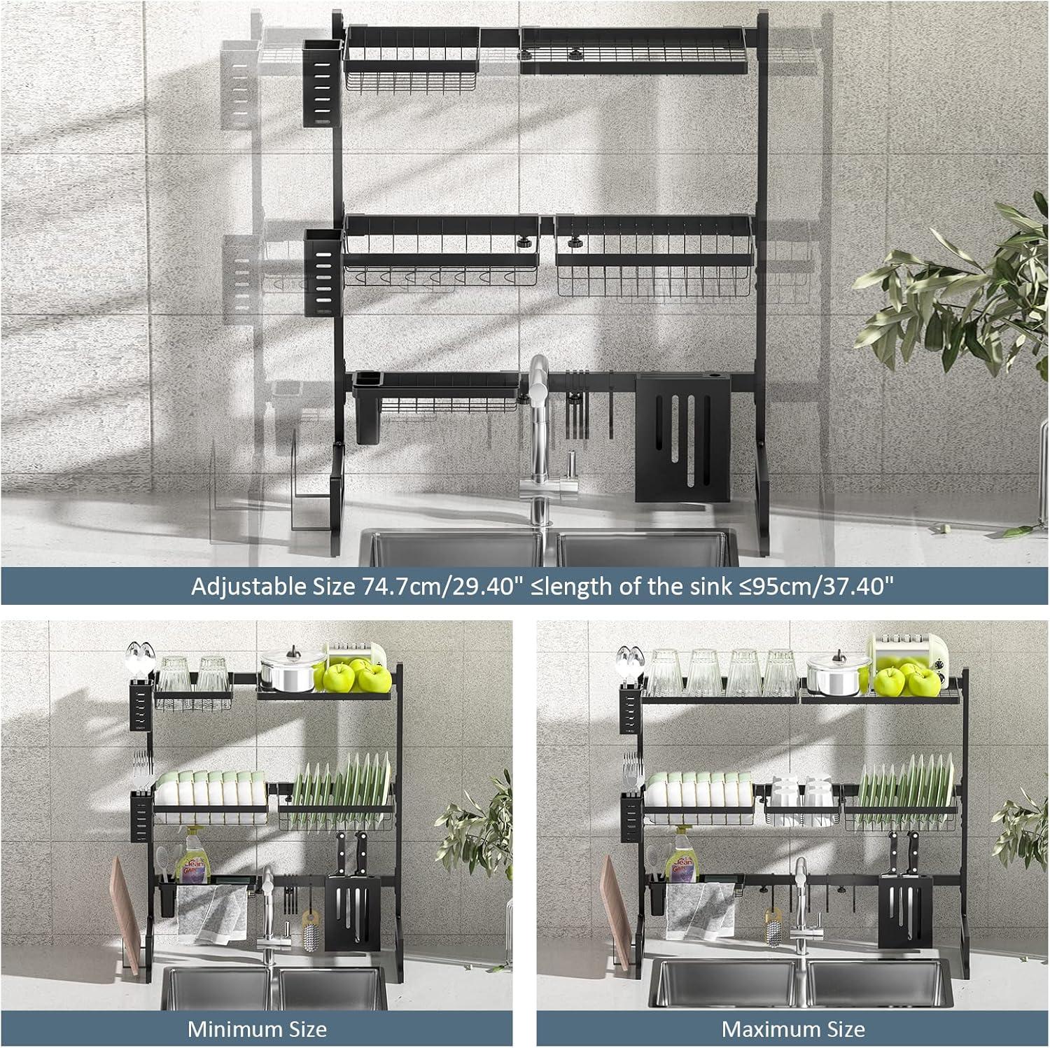 Black Adjustable Over-Sink 3-Tier Metal Dish Rack