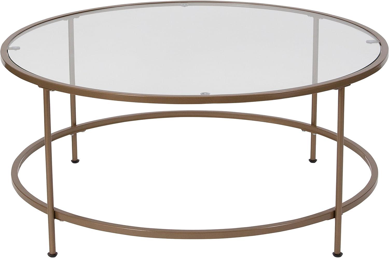 Elegant 35'' Round Glass Coffee Table with Matte Gold Steel Legs