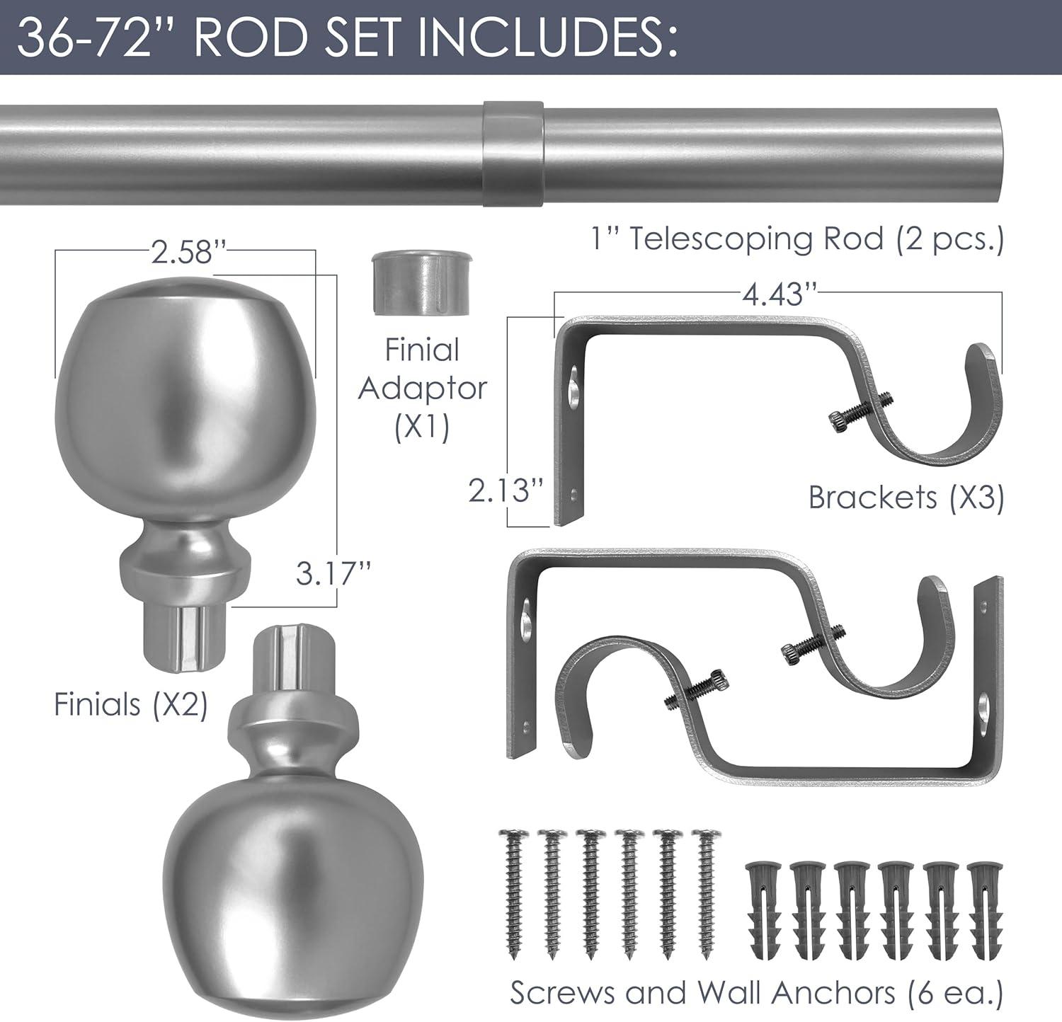 Morena II Black Adjustable Metal Curtain Rod Set, 36-72 Inches