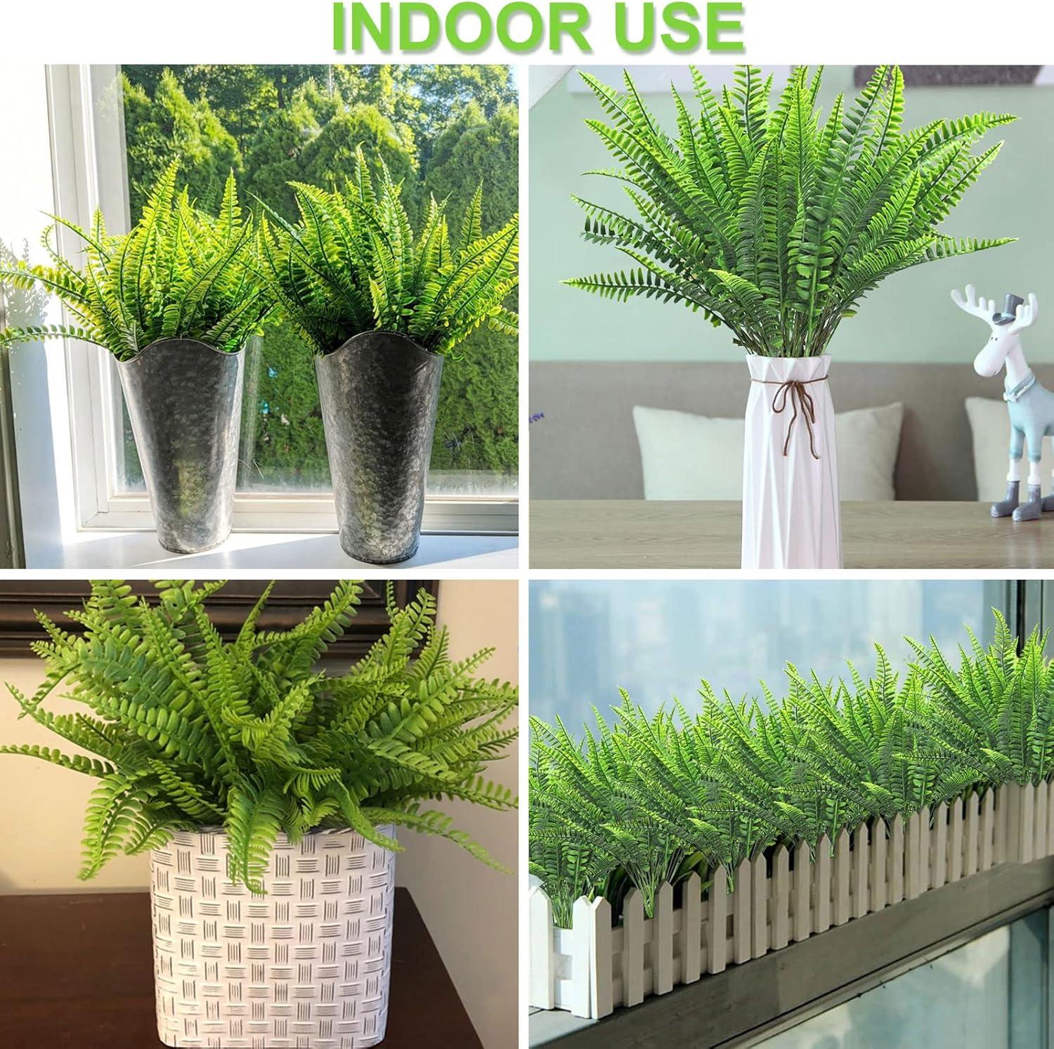 10 Bundles Green Artificial Boston Fern Shrubs for Indoor Outdoor Decor