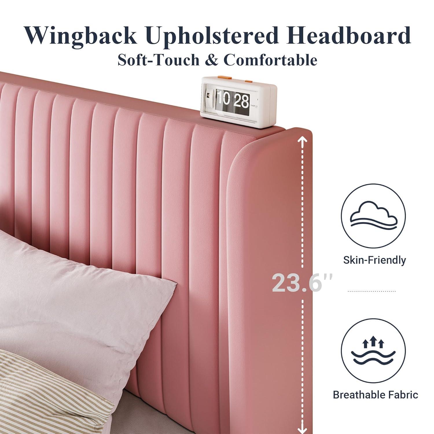 Candler Velvet Upholstered Platform Bed with Wingback Headboard and Wooden Slats