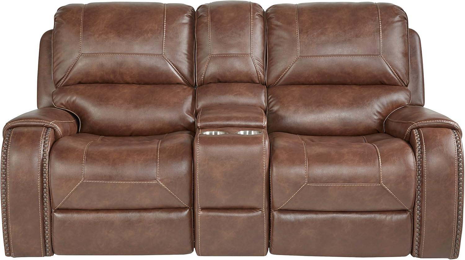 Brown Leather-Air Nailhead Manual Reclining Sofa and Loveseat with Storage Console and USB Port