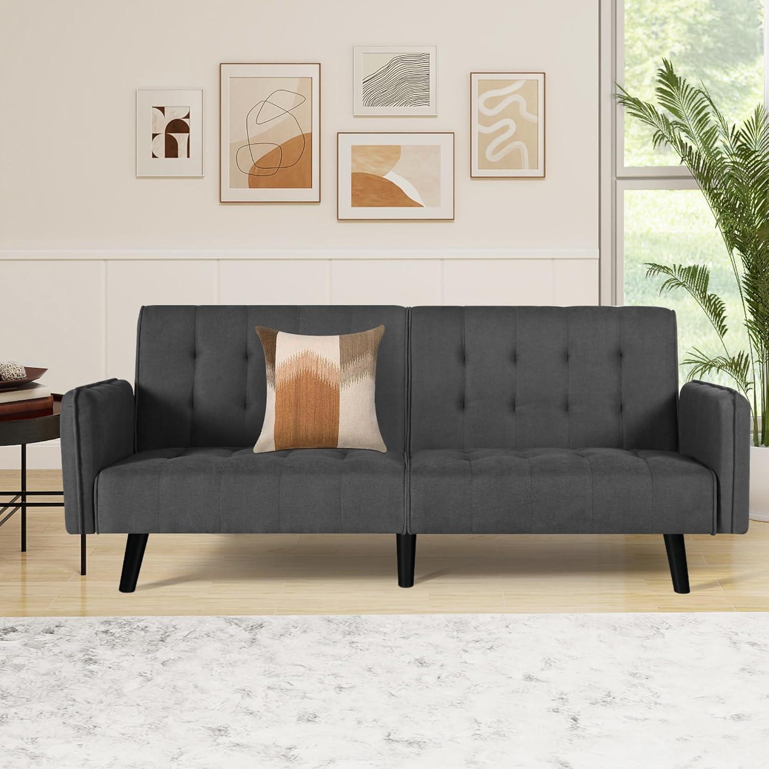 TYBOATLE 65“ Convertible Futon Sofa Bed w/ 2 USB, Upholstered Tufted Small Adjustable Folding Couch Loveseat, Modern Mid Century Sleeper Sofa for Living Room, Bedroom, Apartment, Office (Dark Grey)