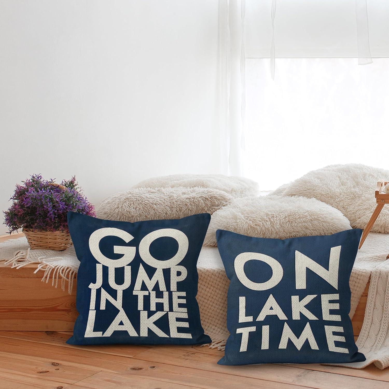The Lake House Lake Throw Pillow Case, 18 x 18 Inch Set of 4, Lake Paddle Decor, Lake House Rules Decor, Lake House Decor, Lake House Room Decor Pillows Cover for Sofa Couch Bed (Blue)