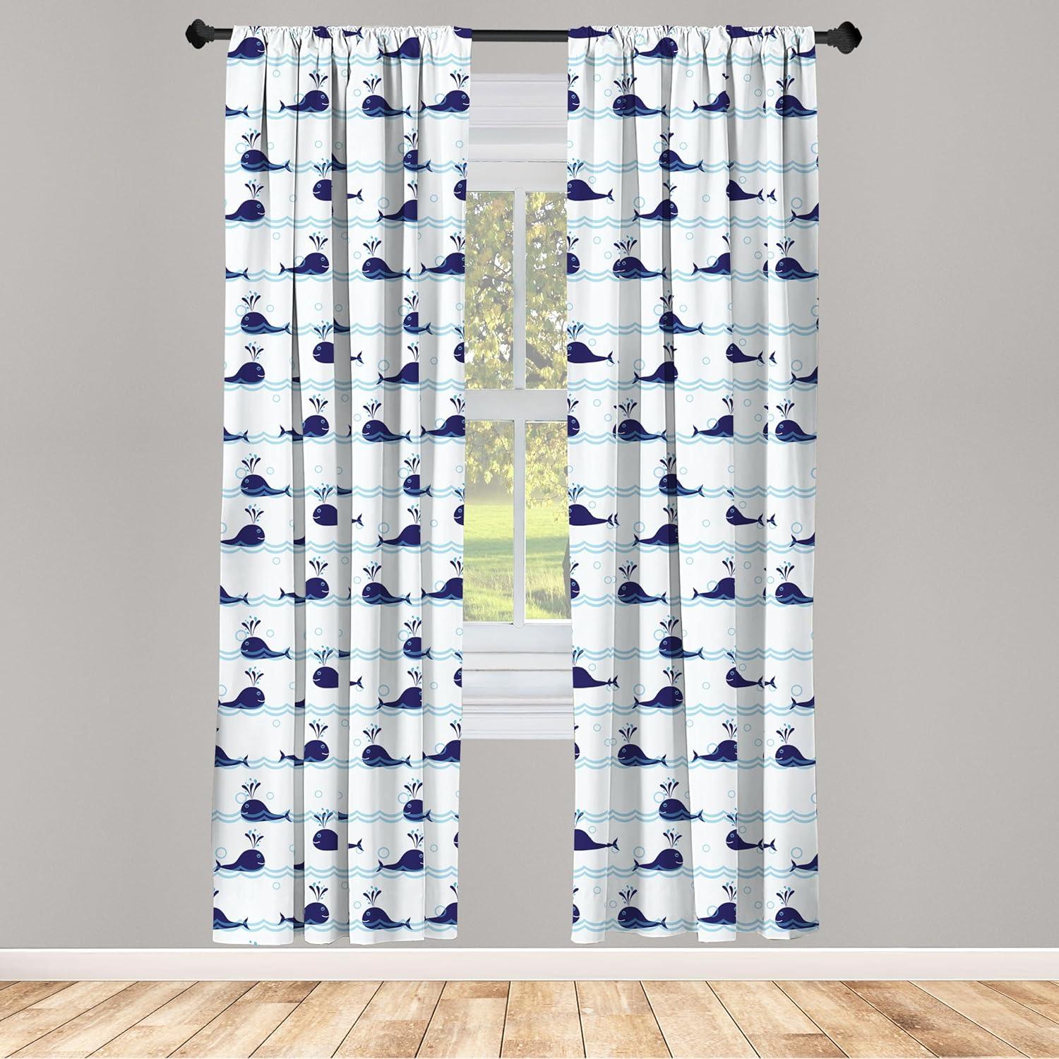 Ambesonne Whale Curtains, Blue Fish on Water, Pair of 28"x63", Pale Blue Navy Blue