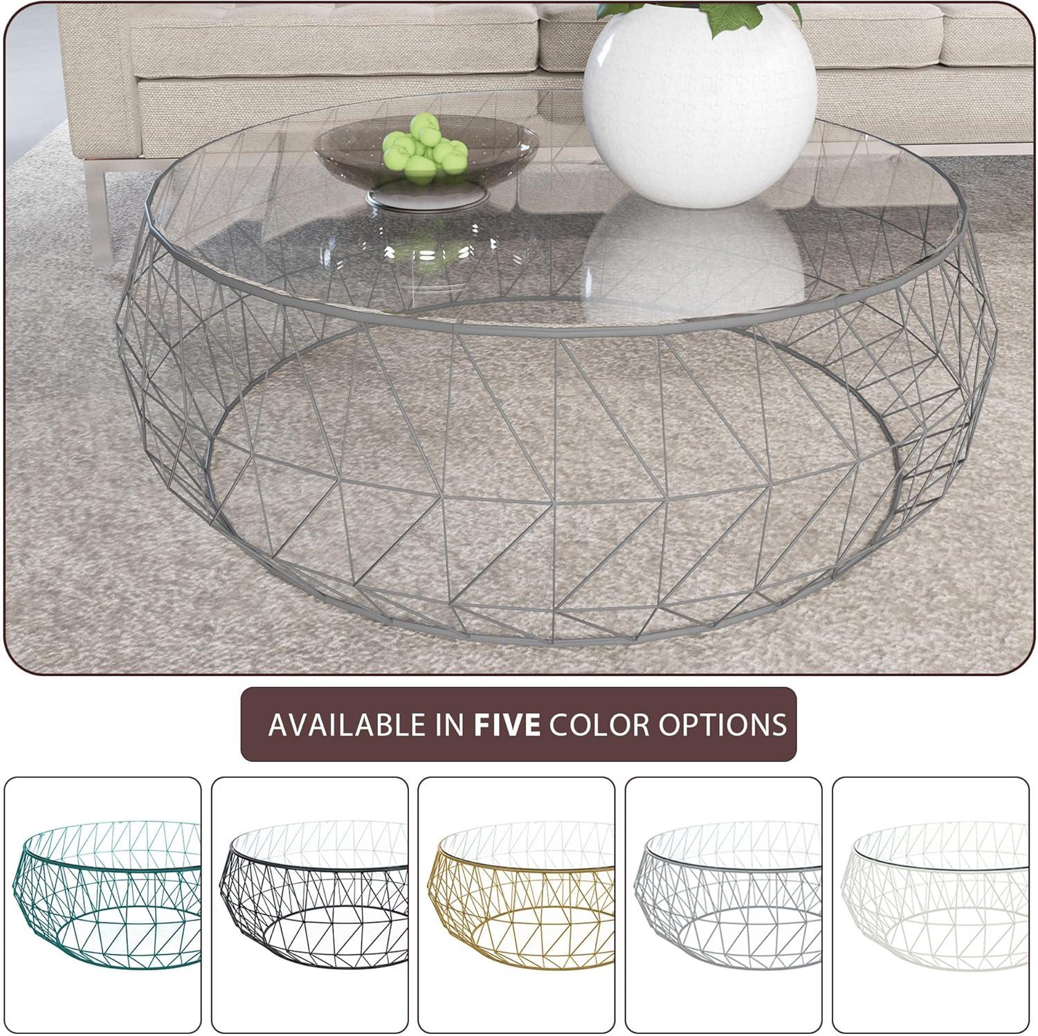 LeisureMod Malibu Modern Round Glass Top Coffee Table With Metal Base