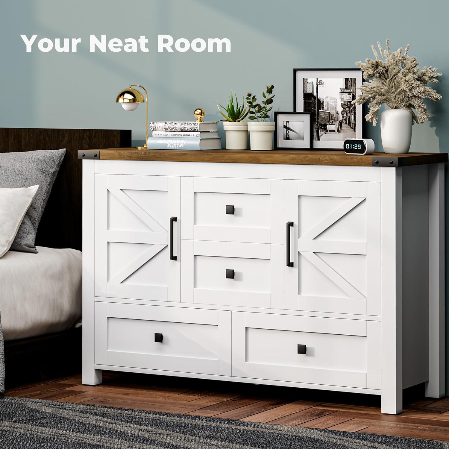 Gracie Oaks Farmhouse Dresser For Bedroom With 4 Drawers And 2 Barn Doors, Wood Chest Of Drawers 47 Inch Wide, Large, Long, Adjustable Shelves, 5 Legs, Living Dining Room, Entryway, Hallway